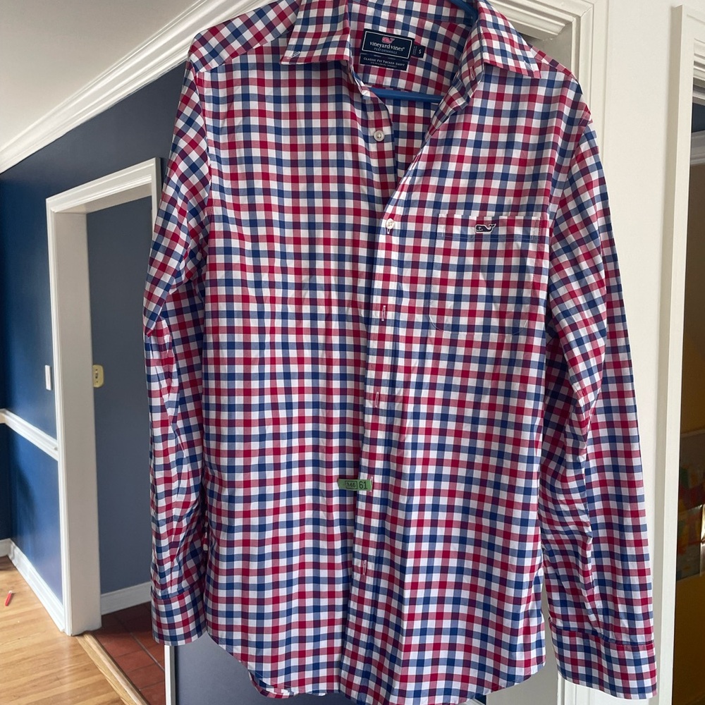 Vineyard Vines Men’s Red & Blue Gingham Button-Down performance small Shirt